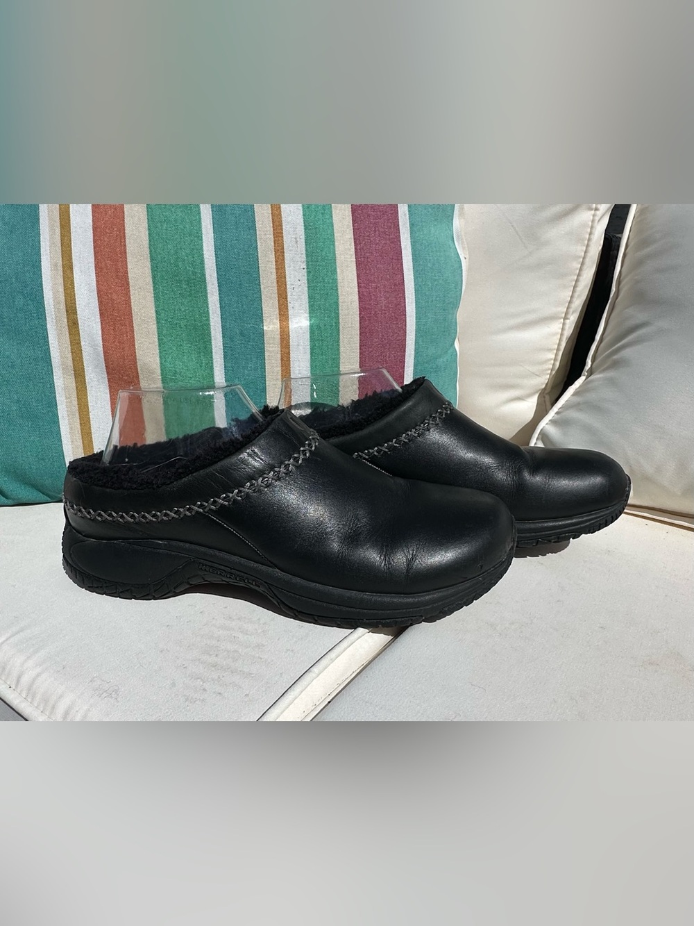 Merrell Black Leather Slip-On Clog with Shearling Lining